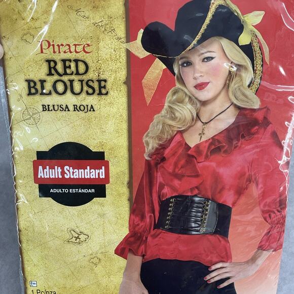NWT Pirate Adult Costume Lot Red Blouse Mini Tricorn Hat Eye Patch Jewelry Set - Picture 2 of 12